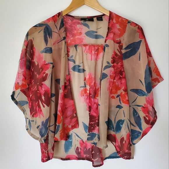 Apt. 9 Tops - Apt. 9 Floral Red & Tan Flowy Sheer Kimono or Cover Up (Small Petite)